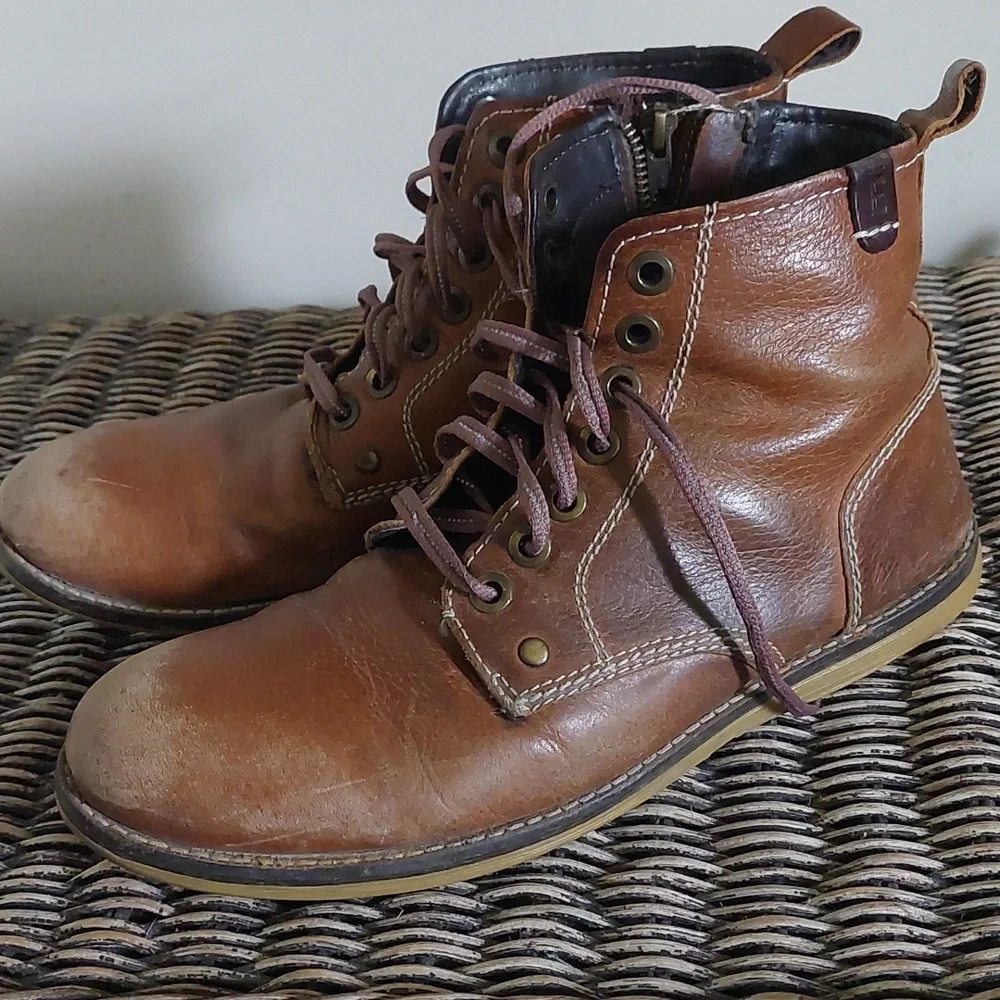 Crevo Men's Brown Leather Lace-Up Side-Zip Boots